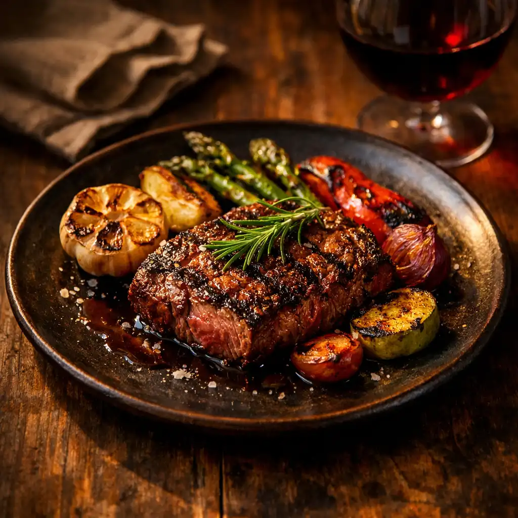 Wood-fired steak with charred vegetables on a dark ceramic plate