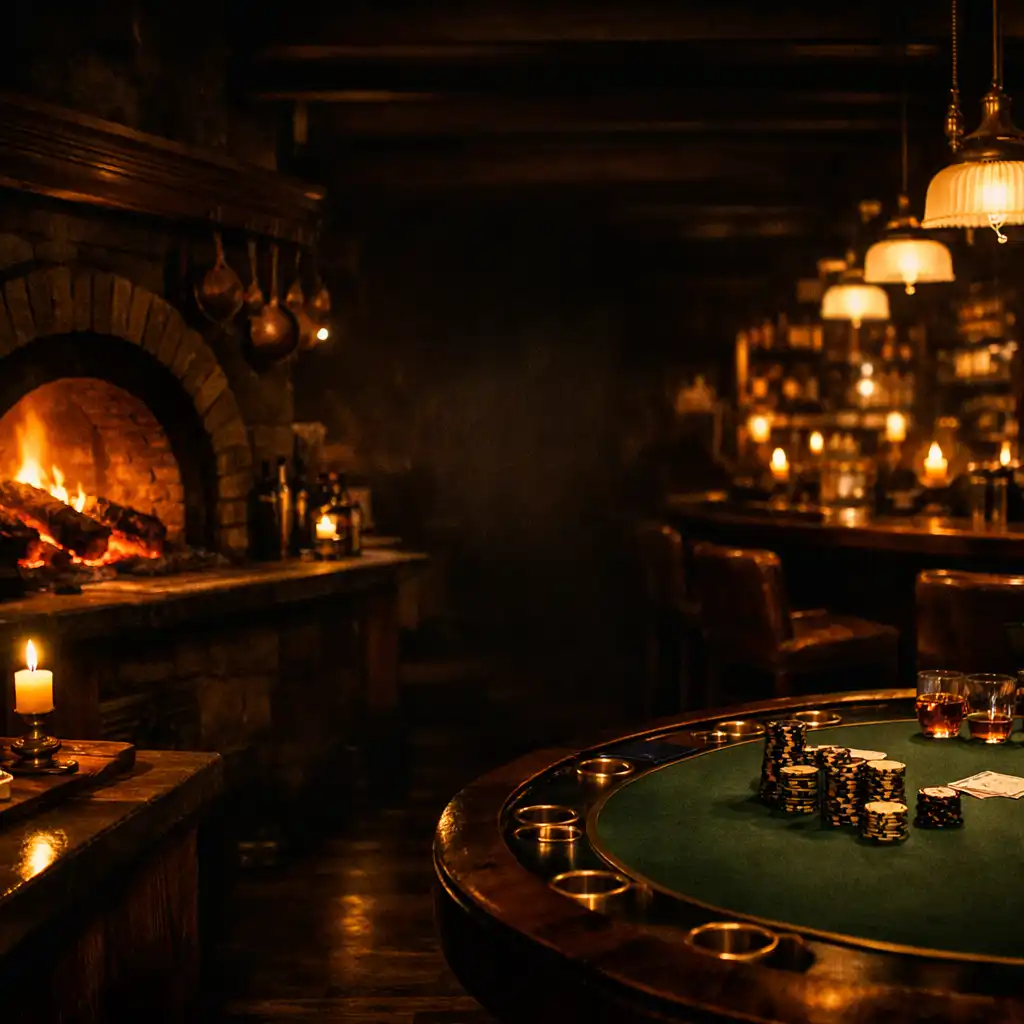 Moody interior of The Oak & Flop with a glowing wood-fired oven and green felt poker table