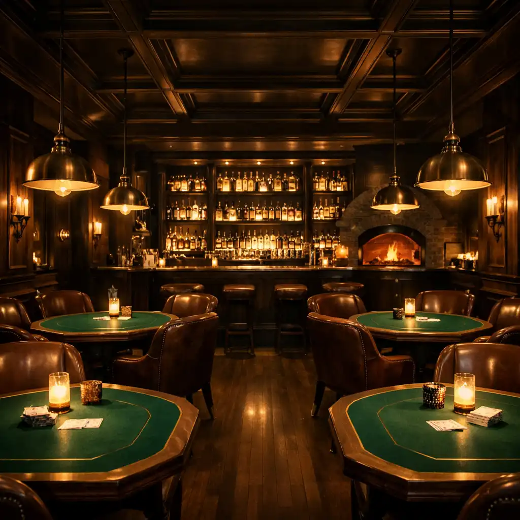 Wide view of the speakeasy card lounge with green felt poker tables and a glowing bar