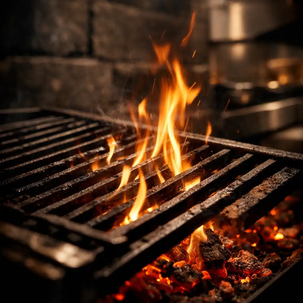 Close-up of a wood-fired grill with glowing embers and flames