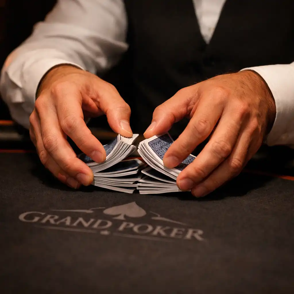 Professional dealer shuffling cards over a branded poker table