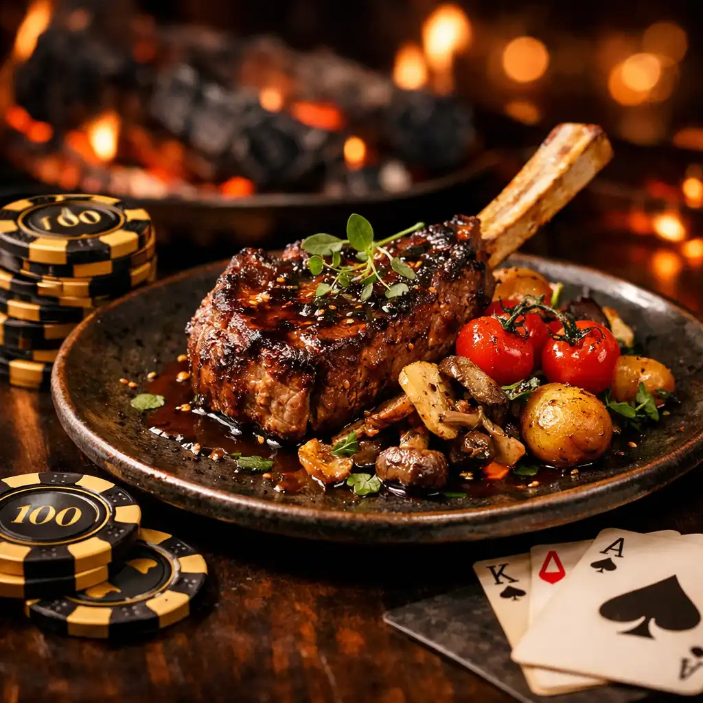 Wood-fired dish beside custom poker chips and playing cards on a dark table