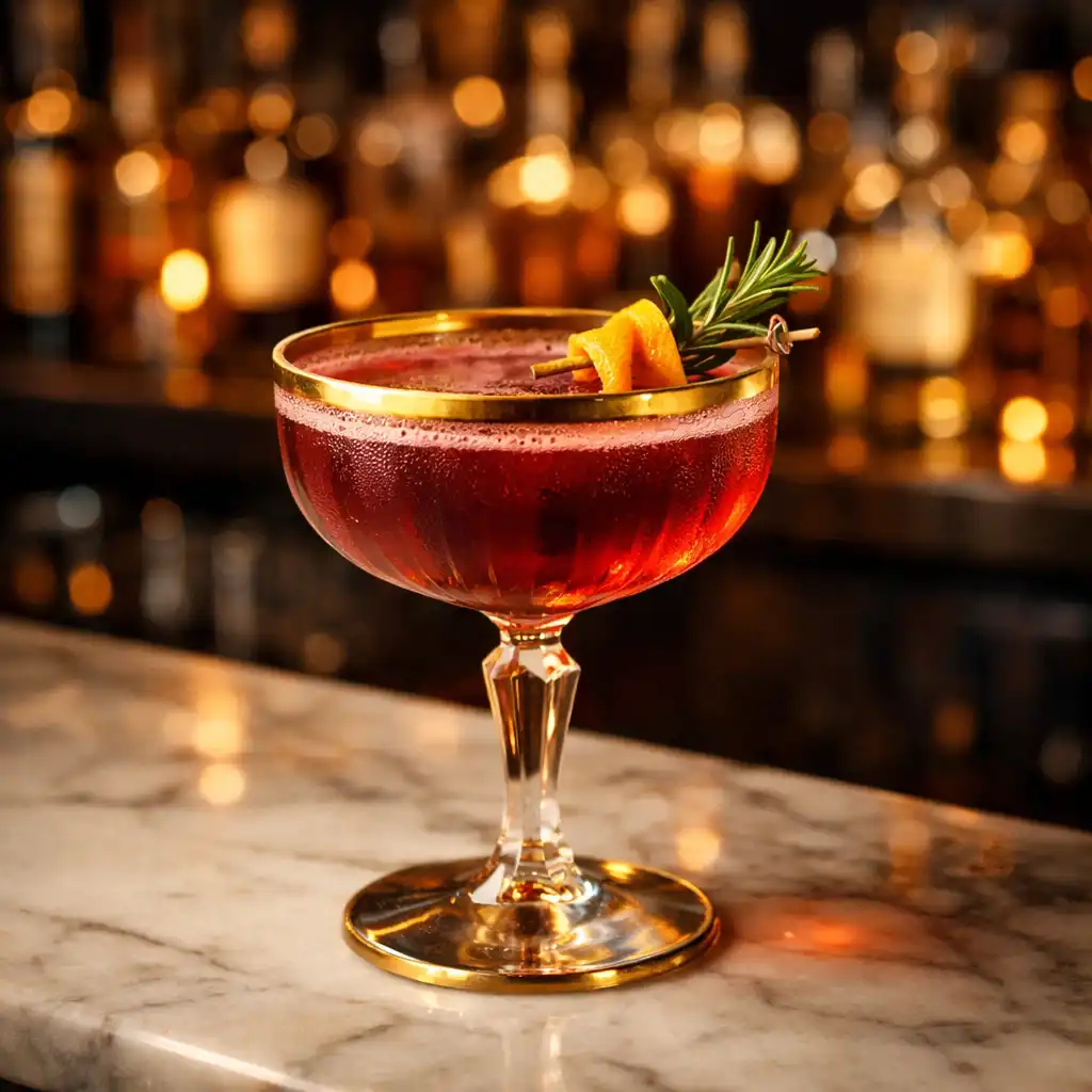 Craft cocktail in a gold-rimmed glass on a marble bar with backlit shelves