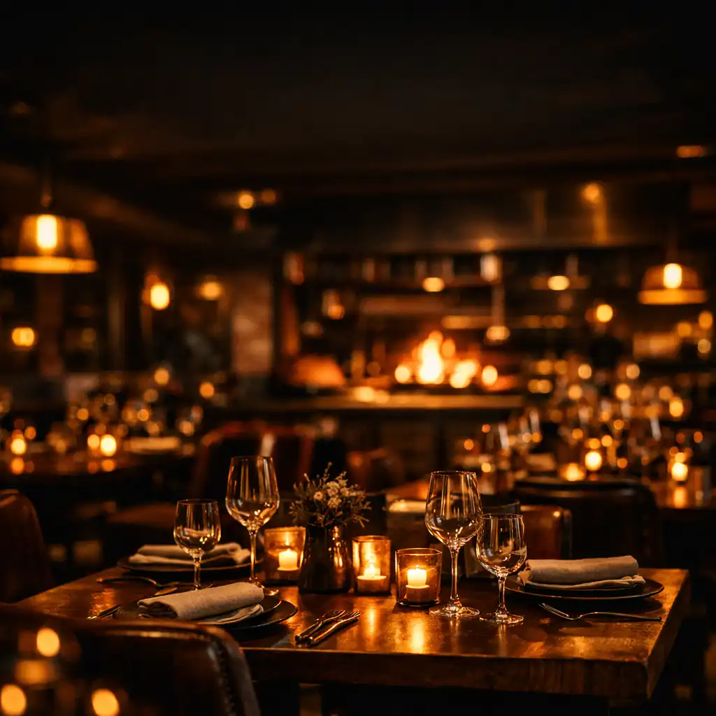 The warm, moody dining room at The Oak & Flop with wood-fired grill glowing in the background