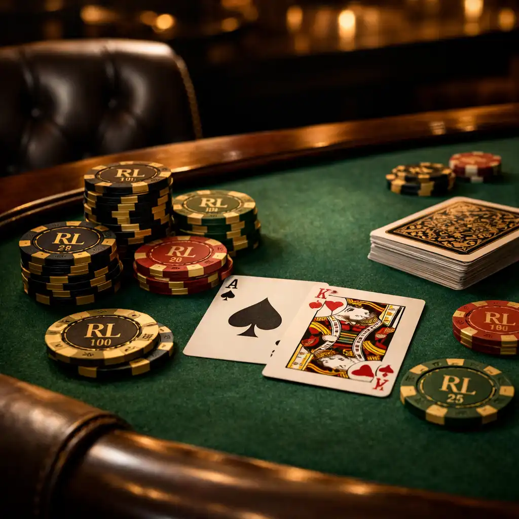 Close-up of a poker table with green felt, custom chips, and cards under warm ambient light