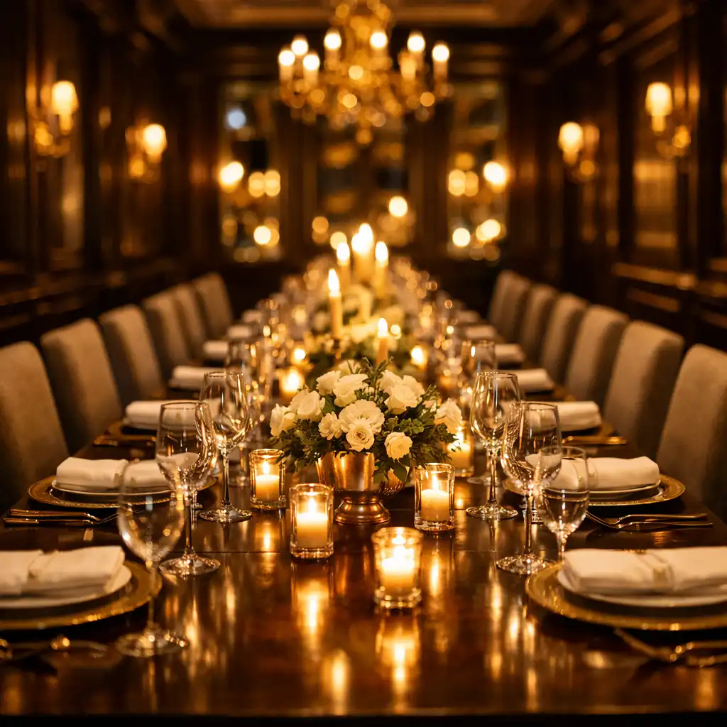 Private dining room with long table, upholstered chairs, and candlelight