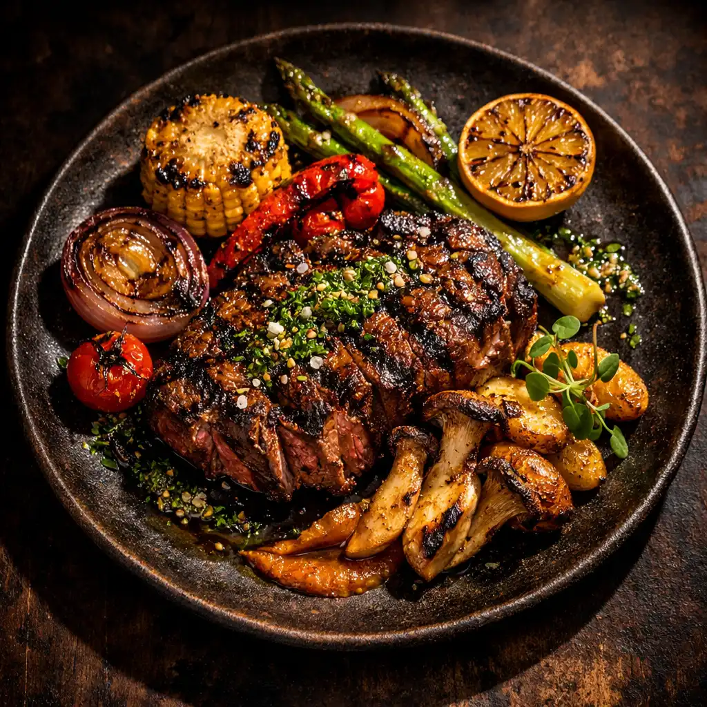 Wood-fired steak with charred vegetables plated on dark ceramic