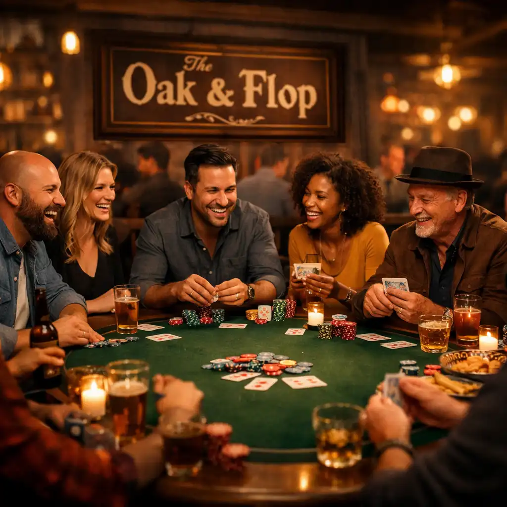 Group of people enjoying a social poker night with drinks and conversation