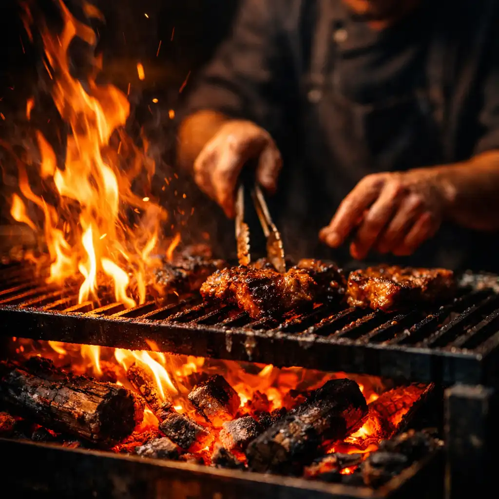 Chef tending the wood-fired grill with flames and glowing embers