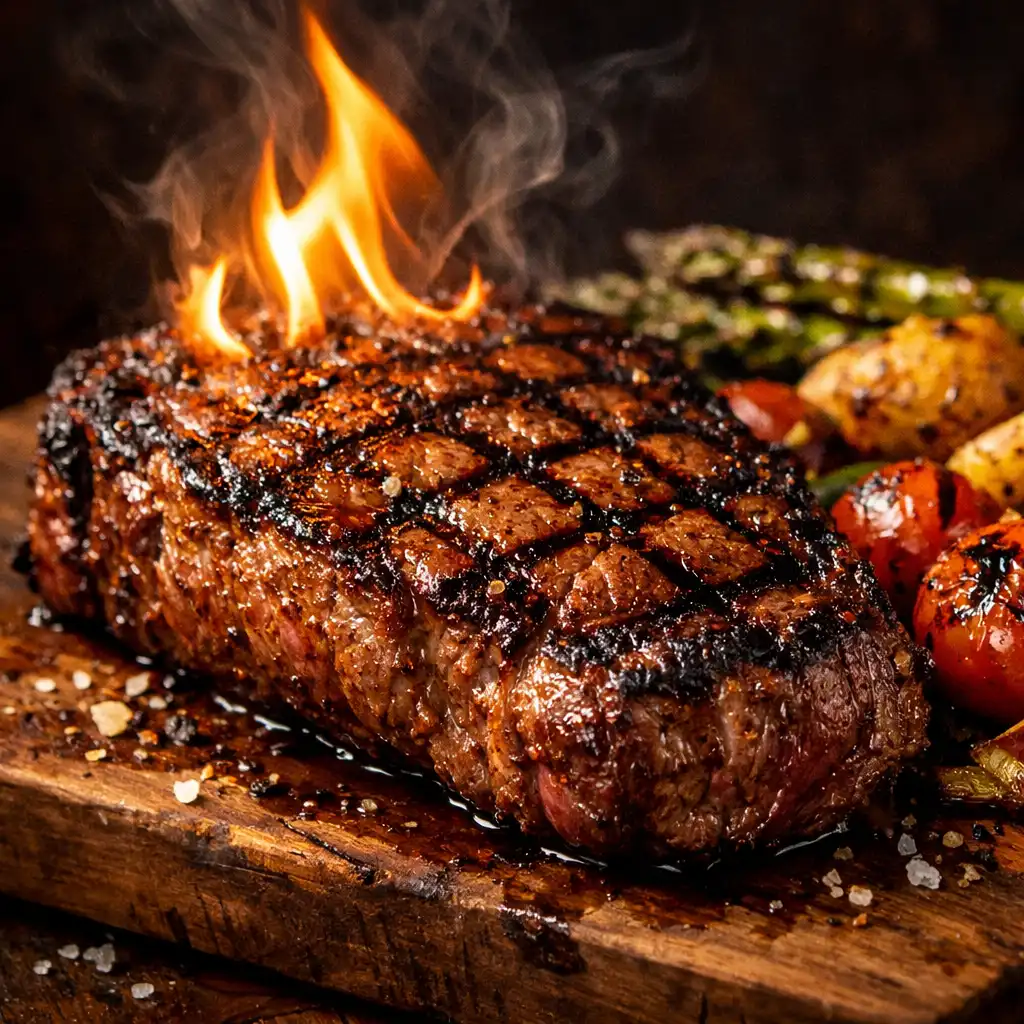 Flame-seared steak served on a wooden board with roasted vegetables