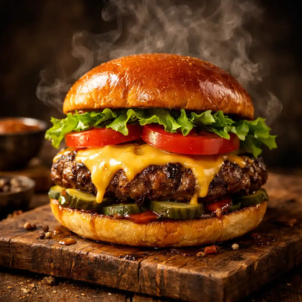 Gourmet burger with melted cheese, lettuce, tomato, and a glossy brioche bun