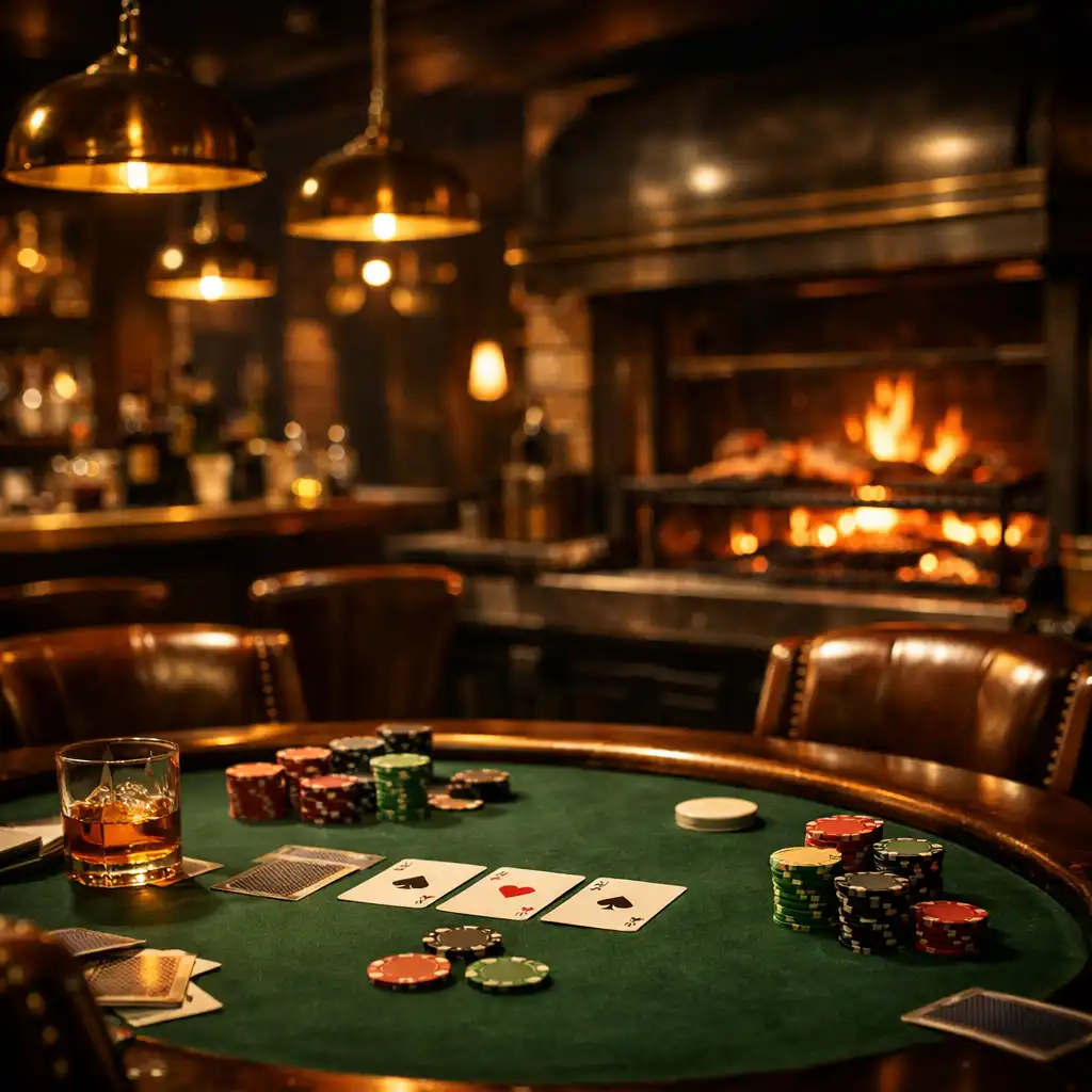 Moody gastropub interior with a glowing wood-fired grill and a poker table in the foreground