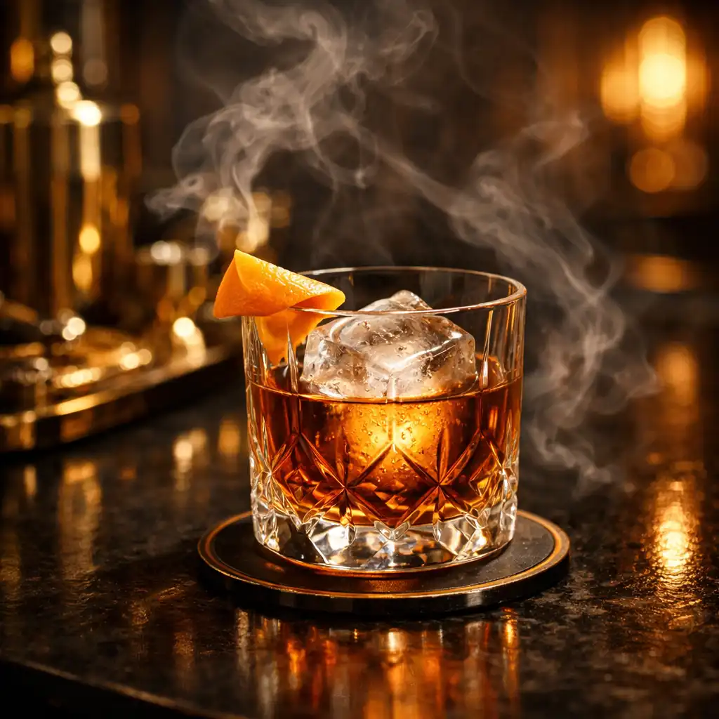 Craft cocktail in a crystal glass with a large ice cube and orange peel on a dark bar counter