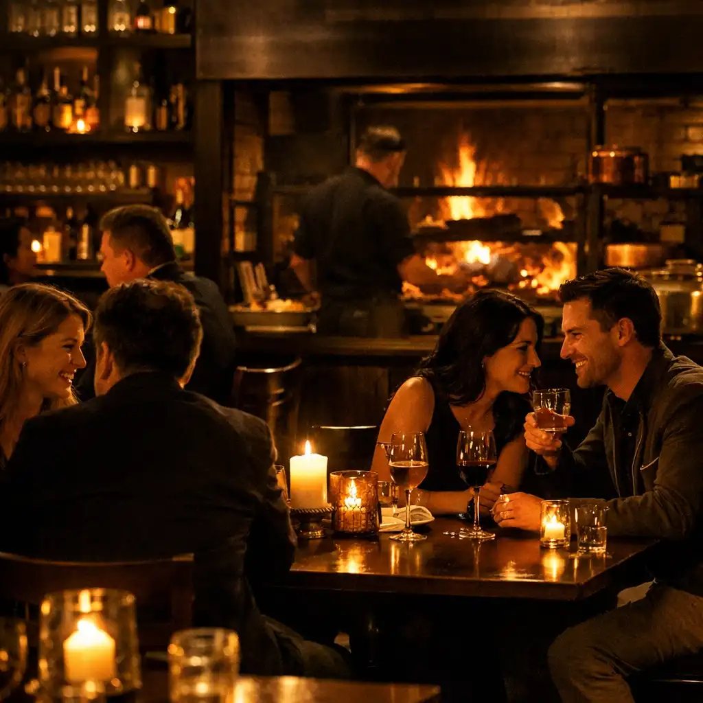 Atmospheric dining area with wood-fired grill and warm candlelight