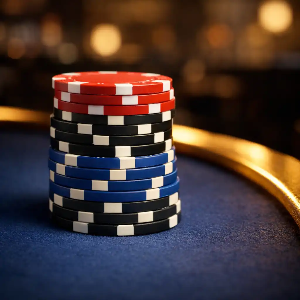 Stack of ceramic poker chips on a midnight-blue felt poker table
