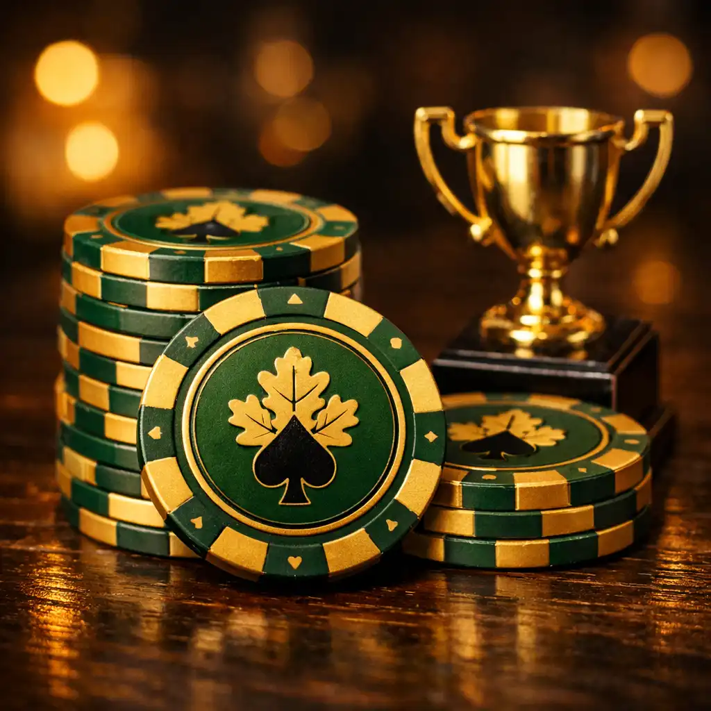 Custom oak leaf and spade poker chips stacked beside a small commemorative trophy on a dark wooden table