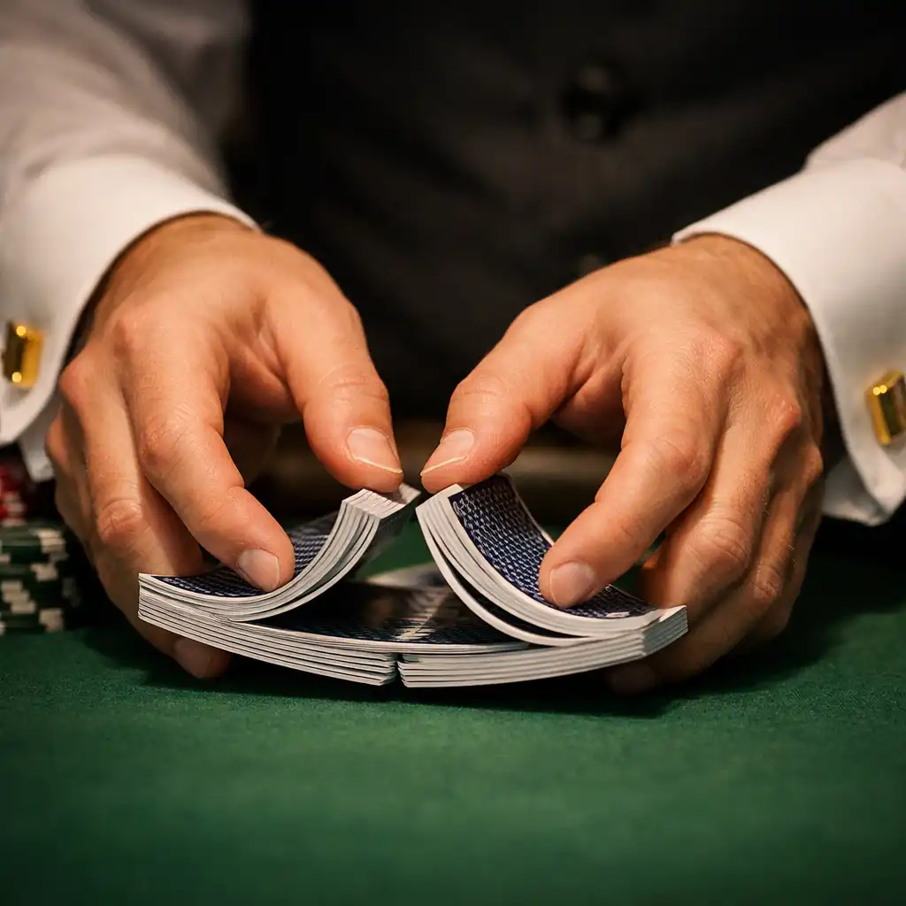 Dealer's hands shuffling a deck of cards at a poker table with green felt
