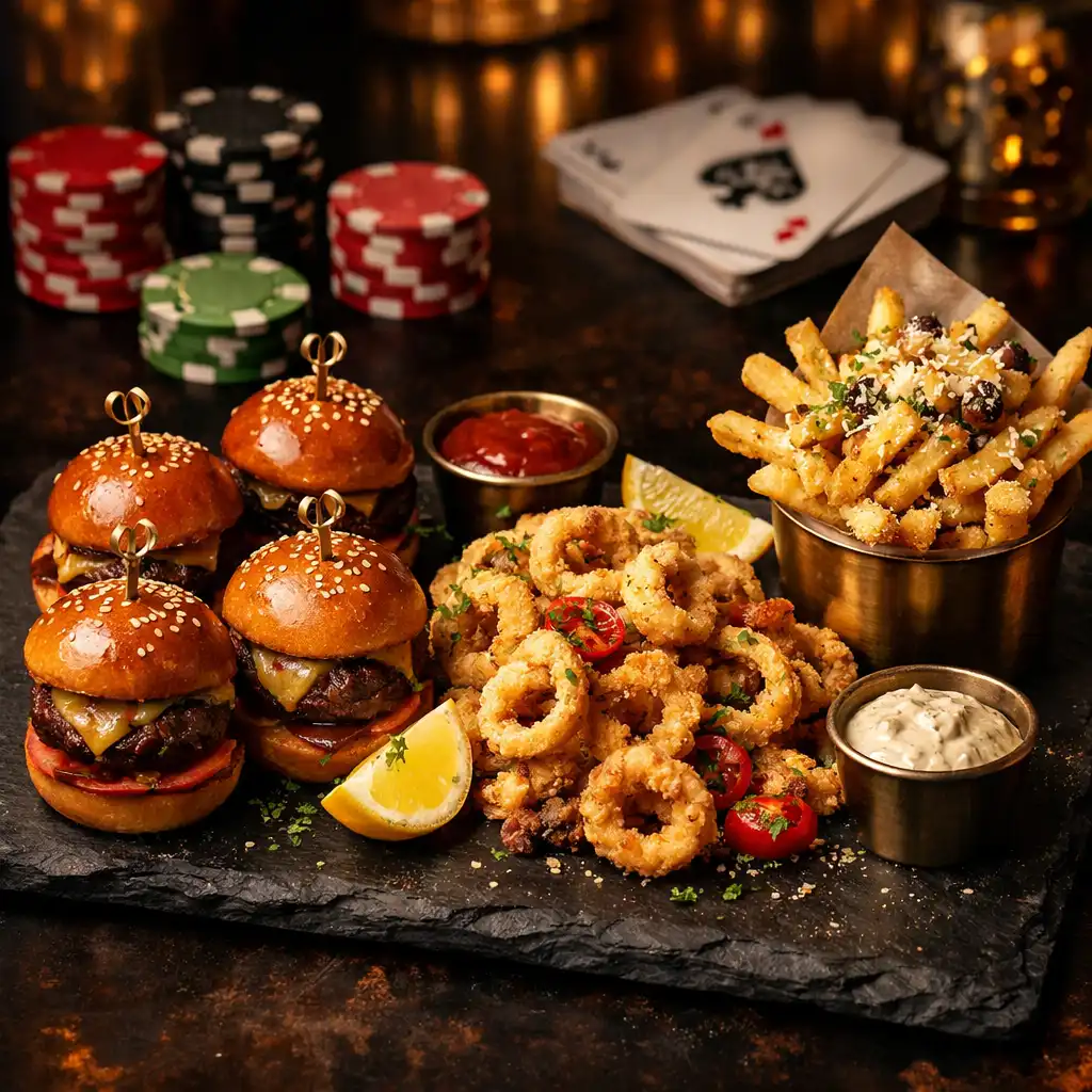 Platter of mini sliders, calamari, and truffle fries with poker chips and cards in the background