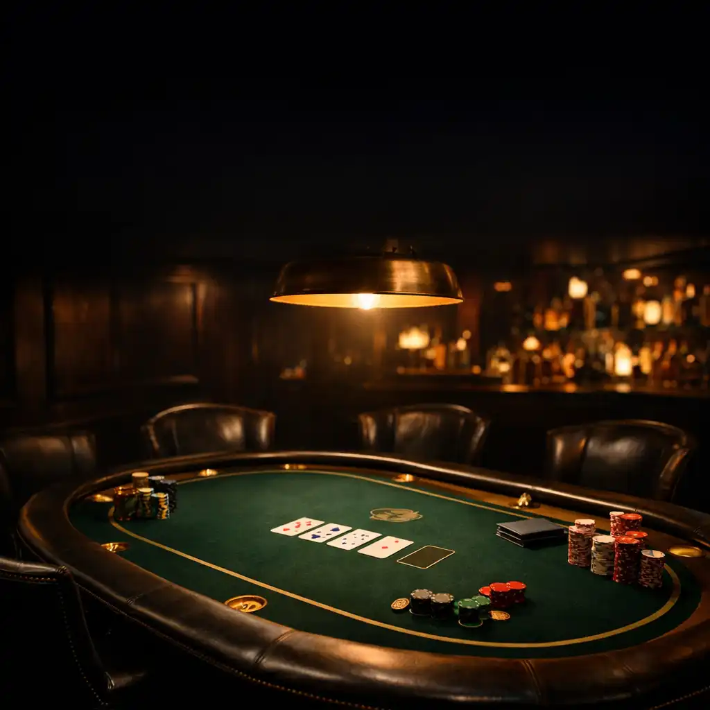 Moody poker table with green felt and gold accents in The Oak & Flop lounge