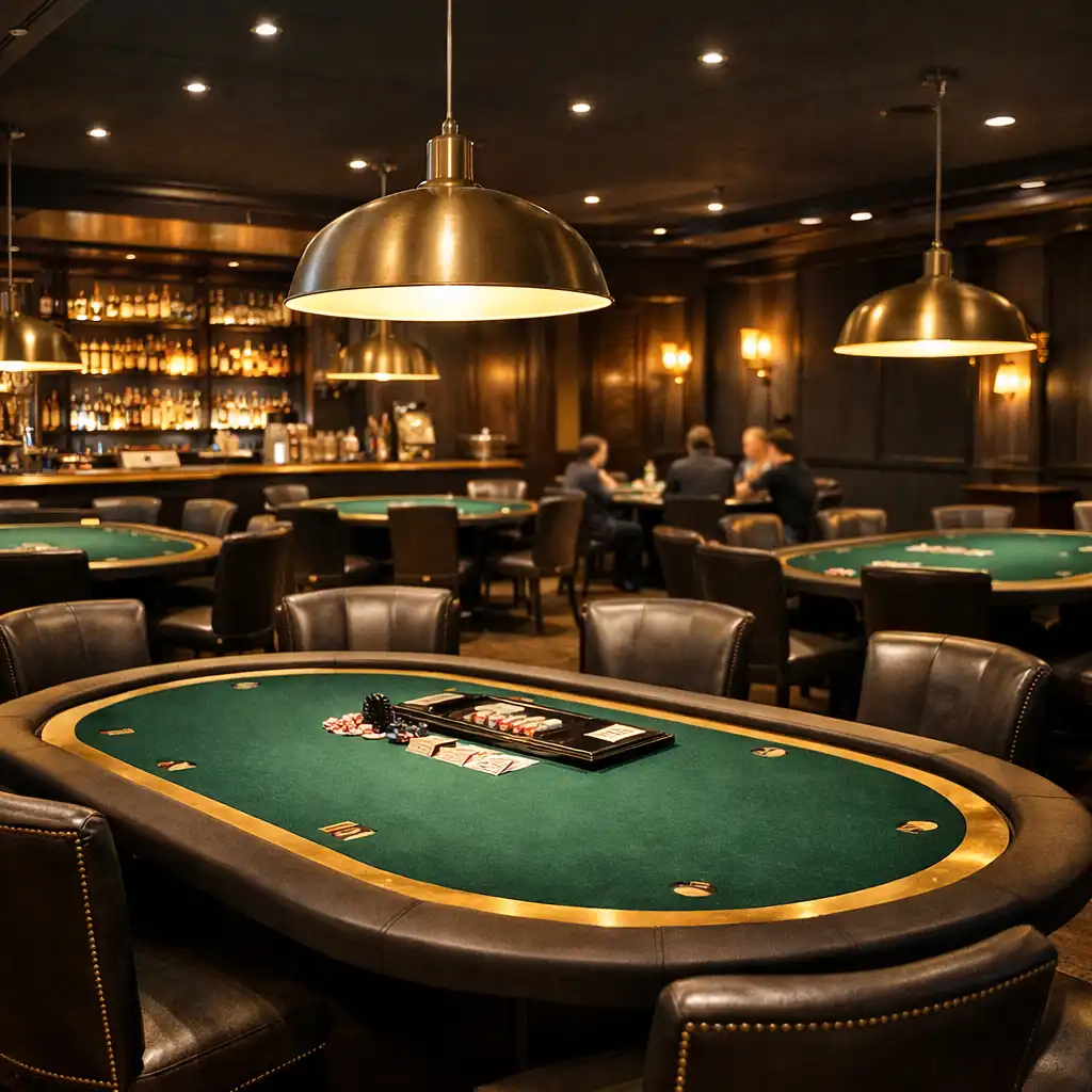 Interior of The Oak & Flop poker lounge with multiple tables and warm pendant lighting