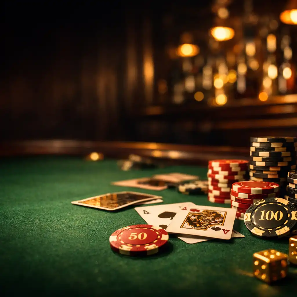 Moody poker table with gold-accented chips and playing cards in a luxurious speakeasy lounge