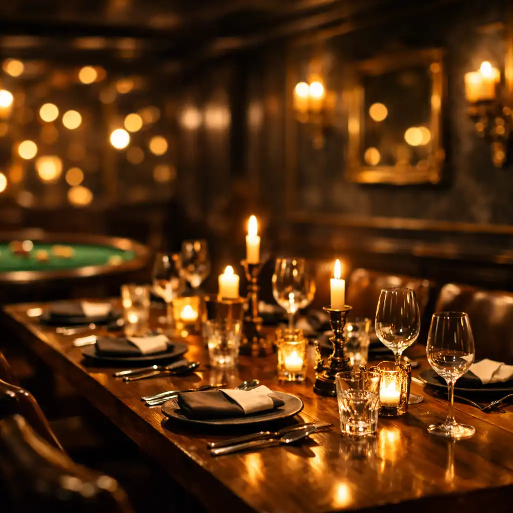 Moody private dining room at The Oak & Flop with warm candlelight and a poker table in the background