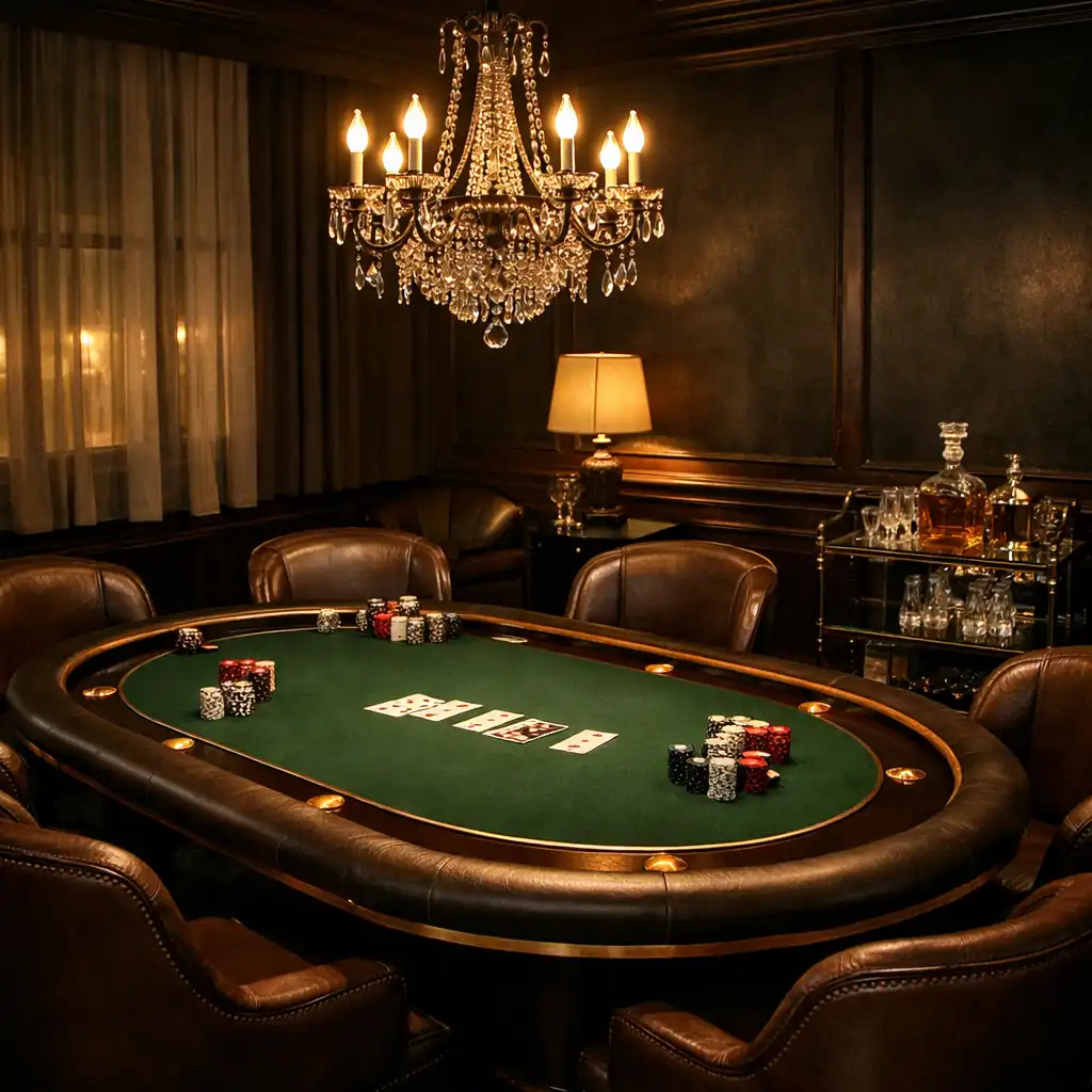 Private poker room with oval table, leather chairs, and warm chandelier lighting