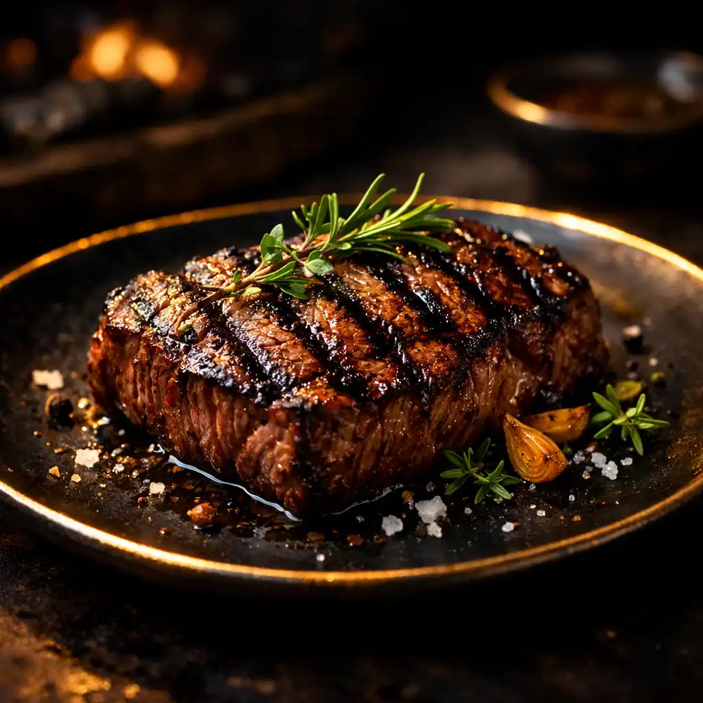 Wood-fired steak with grill marks and herbs on a dark ceramic plate