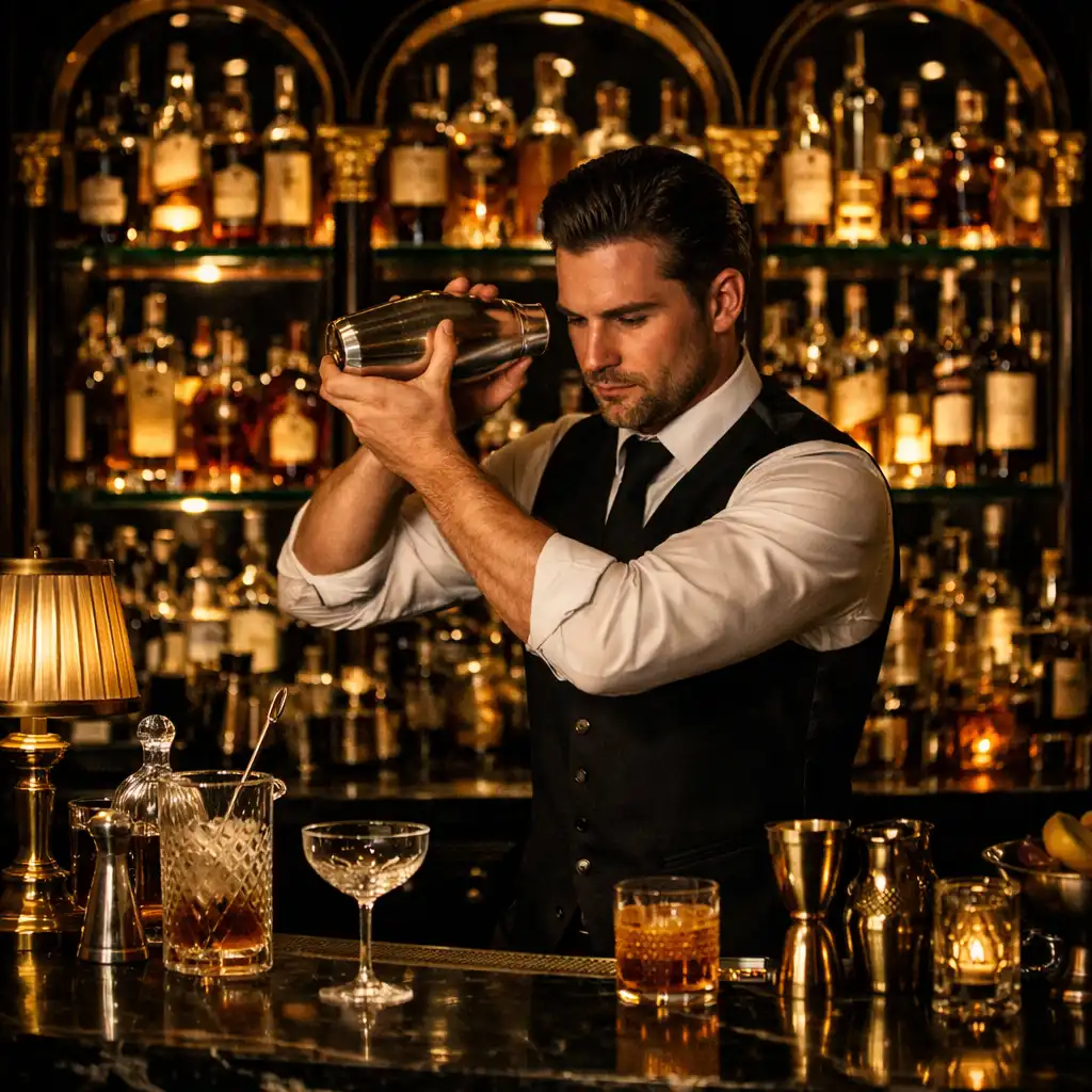 Mixologist shaking a cocktail at the speakeasy bar