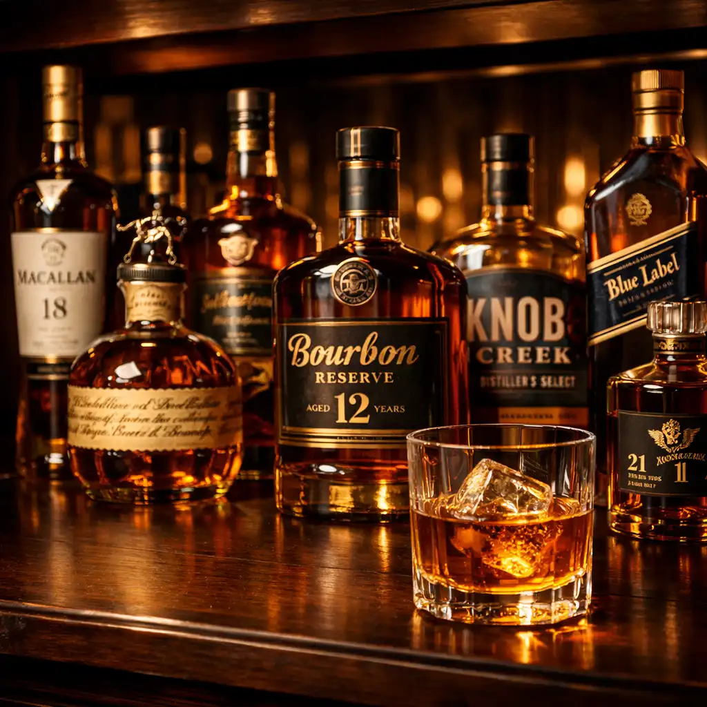 Shelf of premium whiskey and bourbon bottles with warm backlighting and a glass of whiskey