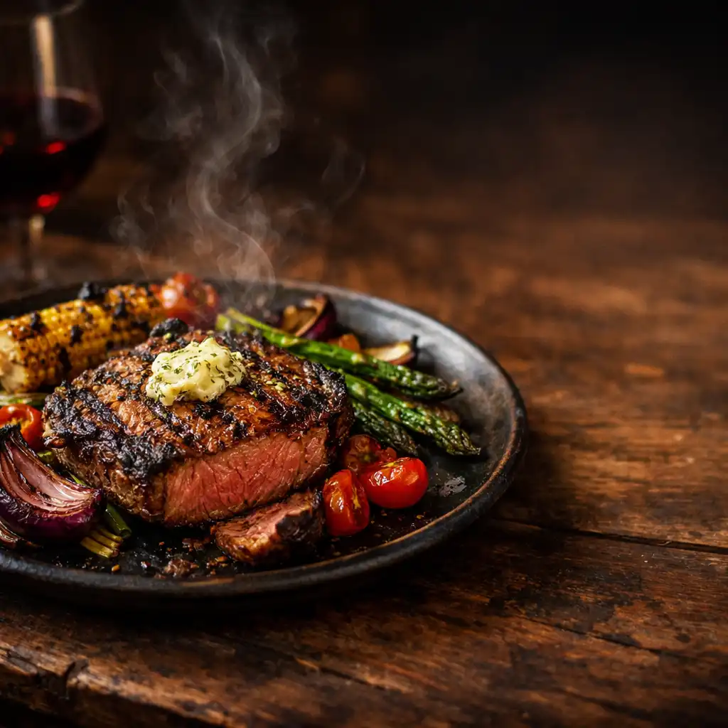 Beautifully plated wood-fired steak with charred vegetables on a dark ceramic plate