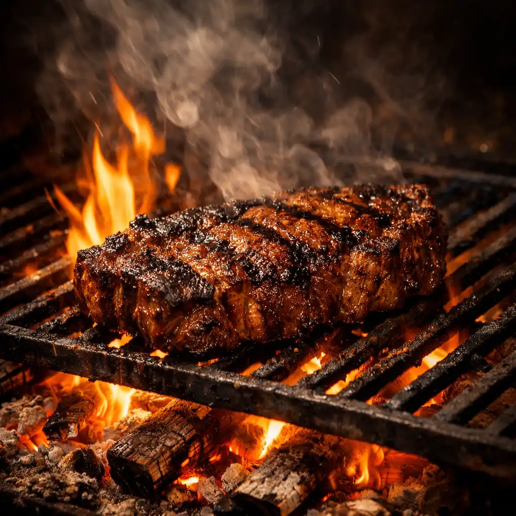 Close-up of a wood-fired grill with flames and embers cooking a charred steak